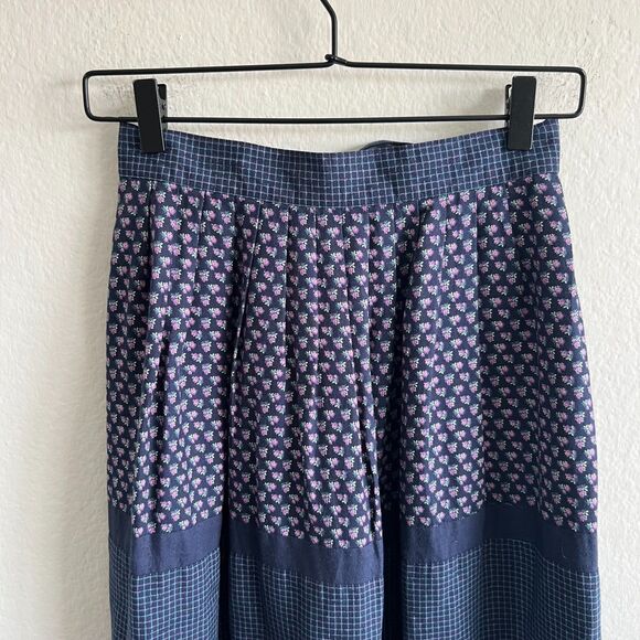 BETTY BARCLAY Vintage 70s Navy Blue Floral Grid A-Line Maxi Skirt Womens XS-S - Picture 4 of 6